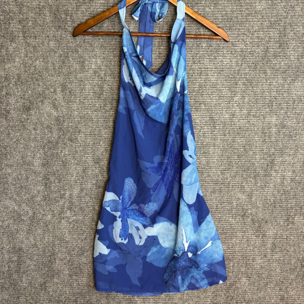 Windsor Blue Floral Rhinestone Halter Mini Dress Cowl Neck Open Back Y2K Small